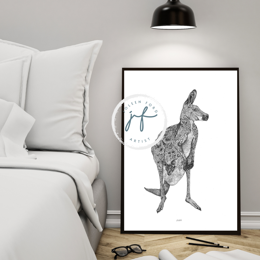 “Skippy” Floral detailed Kangaroo Prints