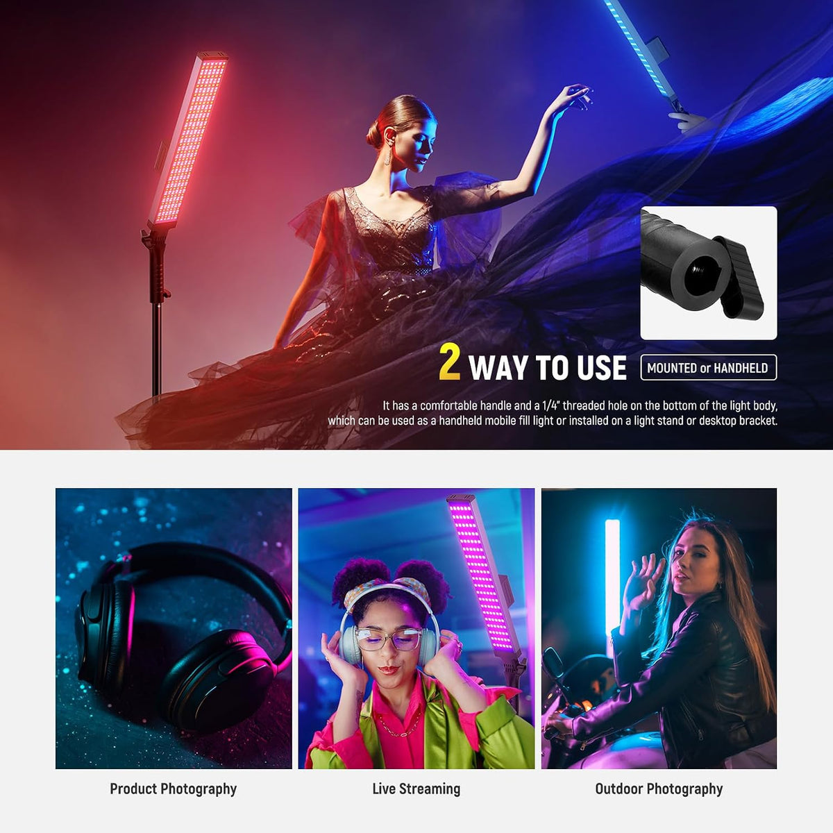 NEEWER TL60 RGB Tube Light, Full Color RGBWW Light Stick